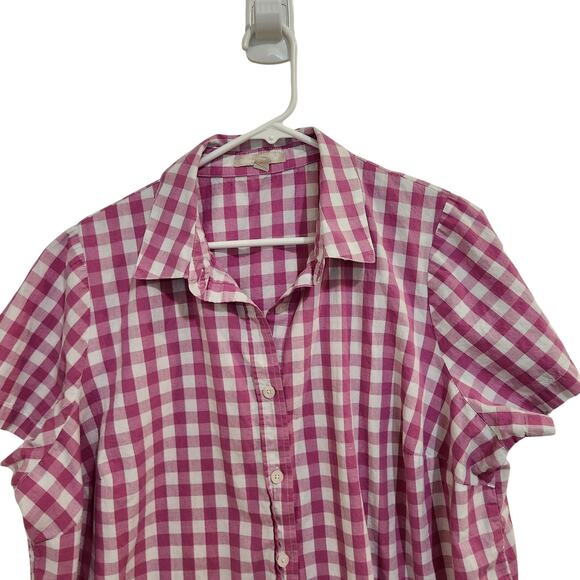Woman Within Casual Button Up Shirt Short Sleeve Pink Checkered Size XL 18/20 - Picture 3 of 8